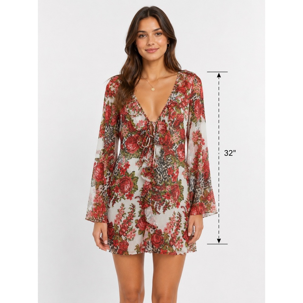 ASOS DESIGN Mini Dress sz 4 Red Floral Leopard Ruffle Bell Sleeve fairy goth Y2K